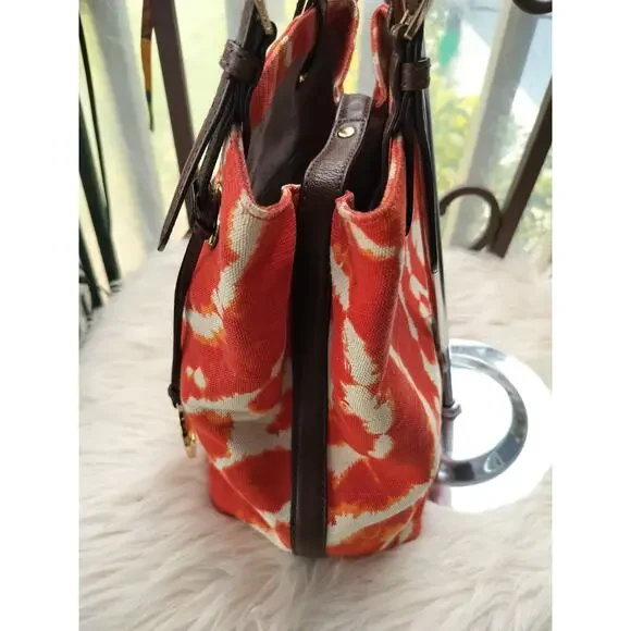 5207) Michael Kors Jet Set Tie Die Persimmon Orange Canvas Tote Leather Handle - Picture 3 of 9